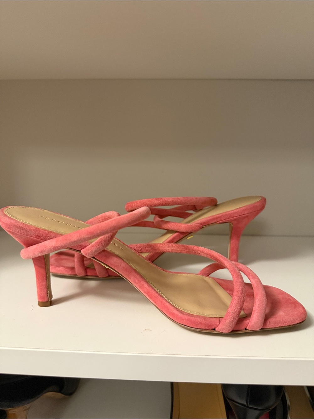 Veronica Beard Coral Suede Strappy Mid-Heel Sandals